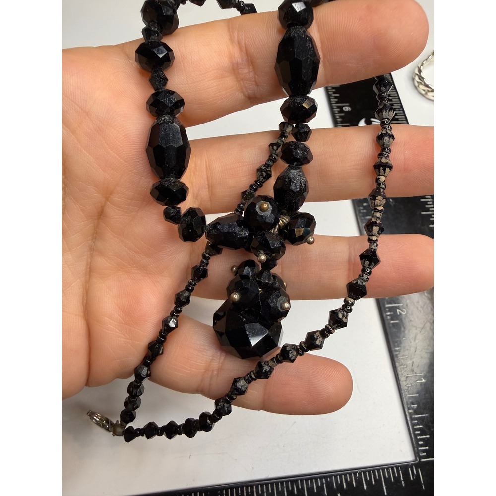 Vintage Black Faceted Glass Bead Necklace Double Drop Pendant 17.5 Inch